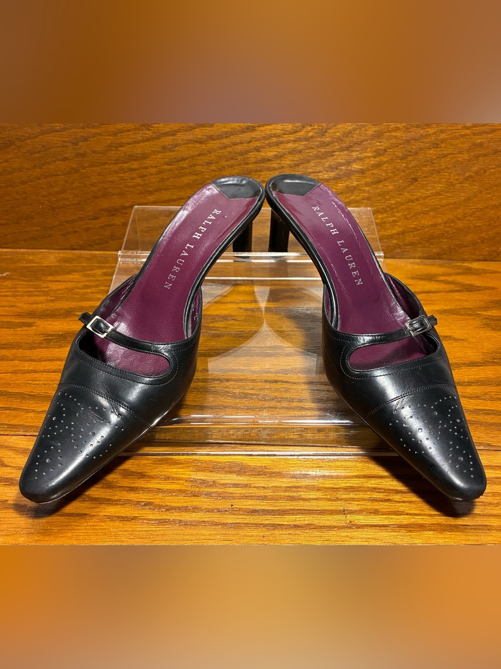 Y2K VTG Ralph Lauren ITALY MADE Perforated Toe Mary Jane Mules Black Leather 6